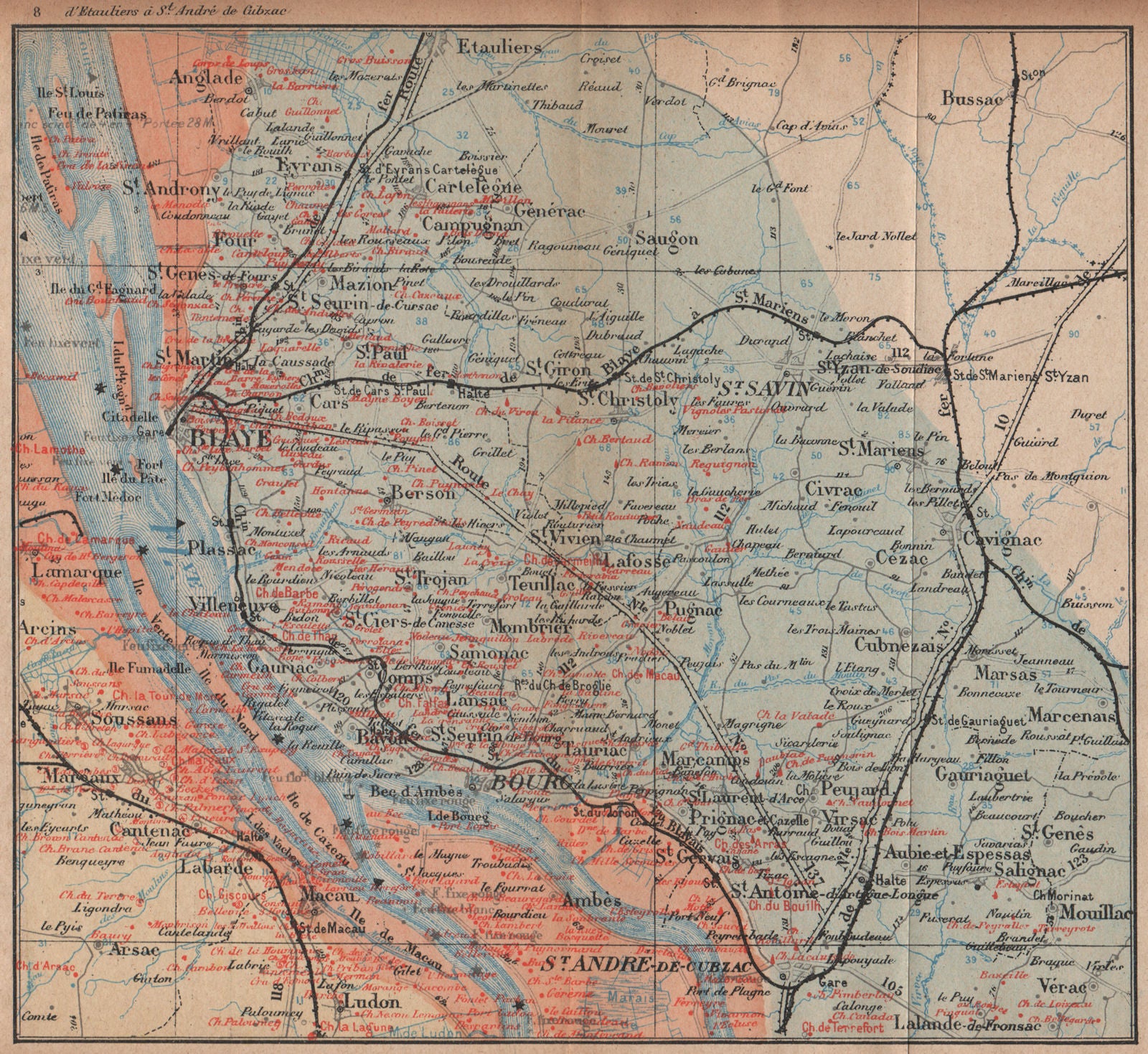 BORDEAUX WINE MAP Carte vinicole. Margaux Bourg Blaye chateaux. COCKS/FERET 1908